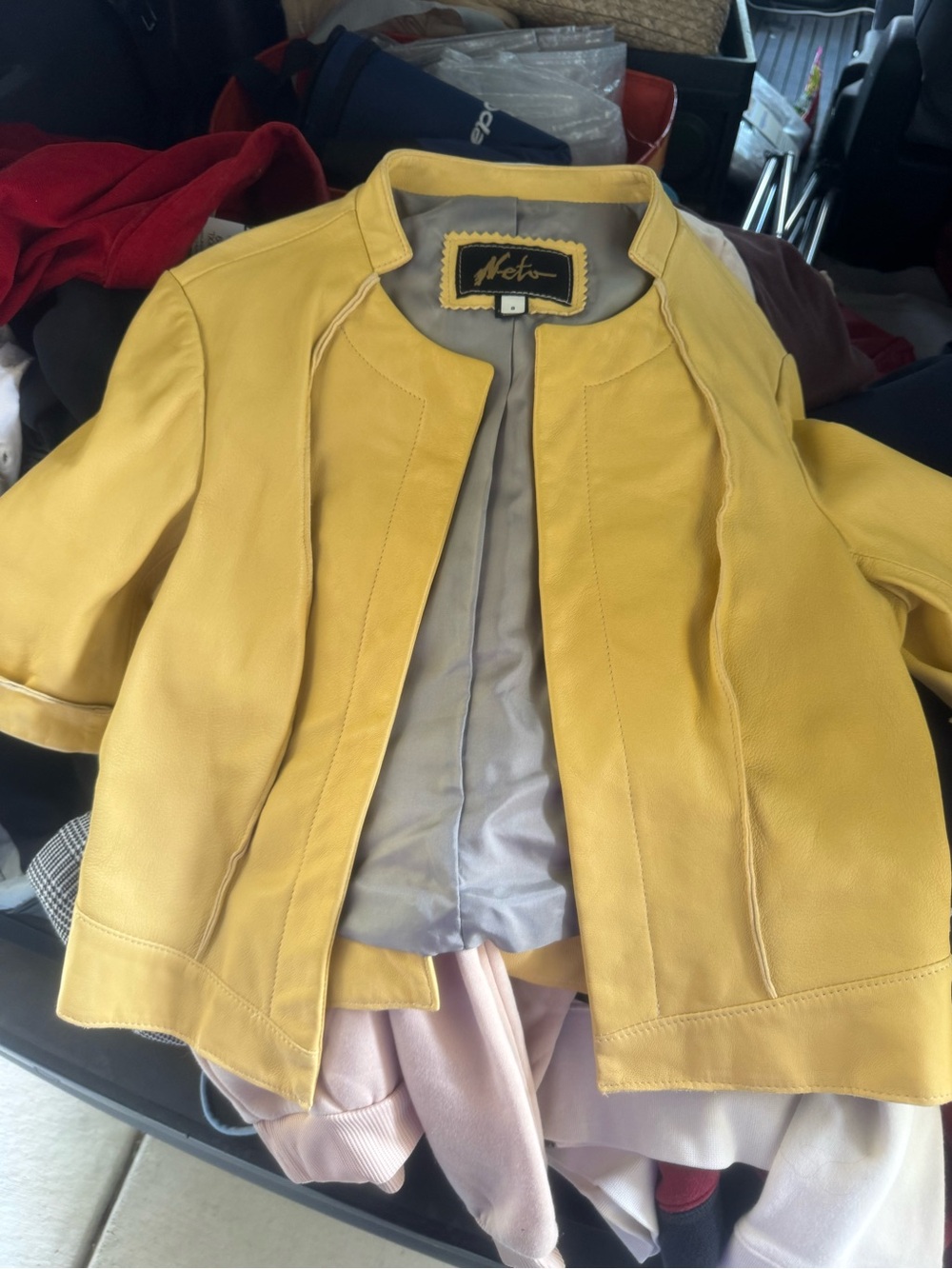 Metro Yellow Women's Leather Jacket - Open Front Short Sleeve